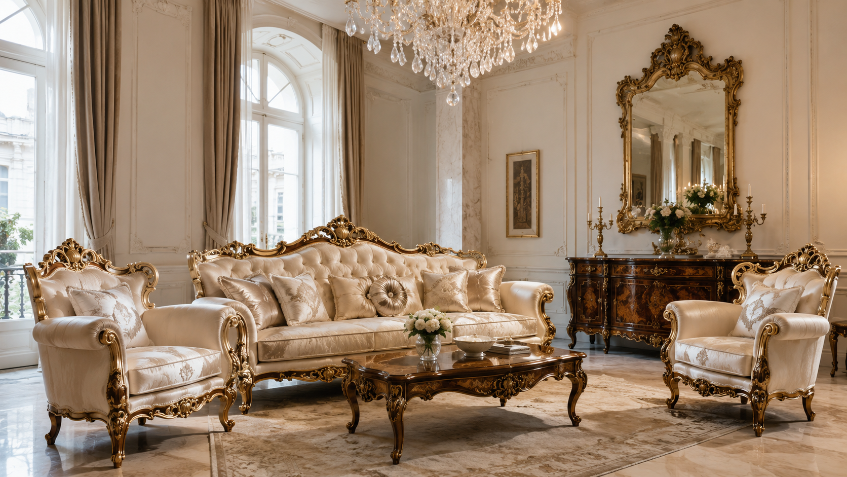 Luxuriöse Barock Möbel mit cremefarbenem Sofa, Sesseln und vergoldeten Verzierungen